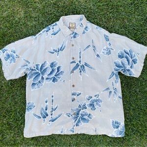 Tommy Bahama, Light Gray and Blue Tropical Bamboo, Casual Shirt